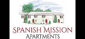 Charming Spanish Mission Apartments illustration with elegant red doors, lush greenery, and a welcoming facade.