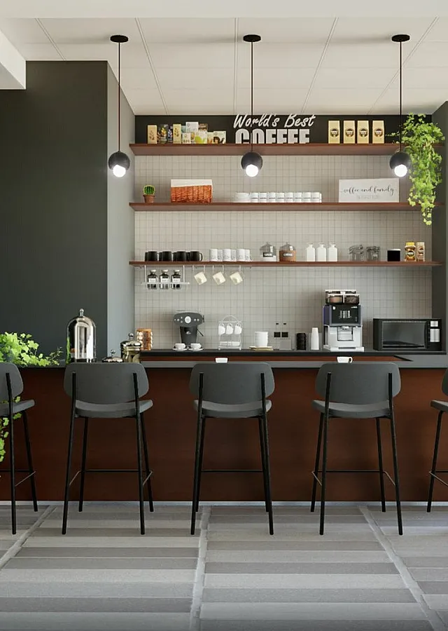 Chic apartment kitchen with a modern coffee bar setup, stylish bar stools, and contemporary decor.