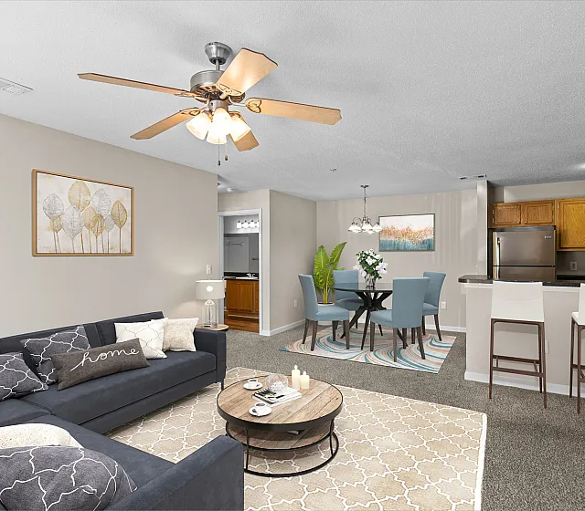 Charming open-concept living and dining area with modern kitchen, cozy sofa, and elegant decor.