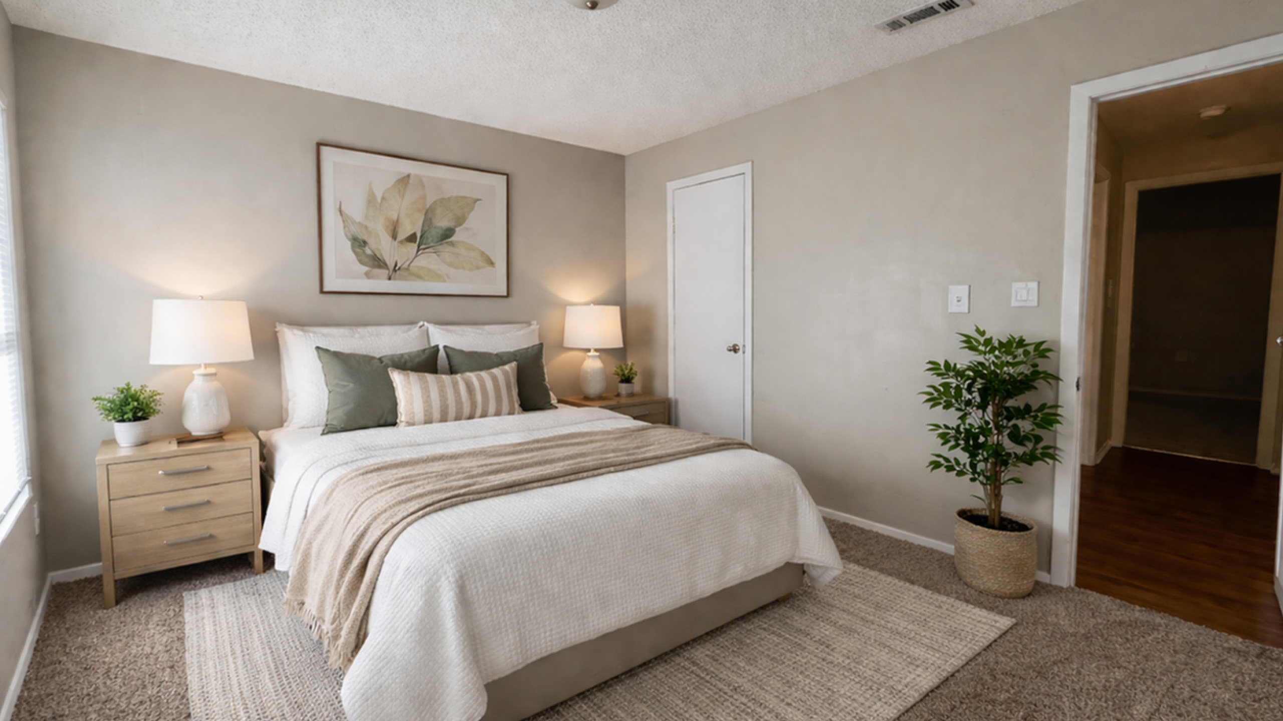 Inviting bedroom featuring a plush bed with cozy linens, elegant nightstands with lamps, and tasteful decor.