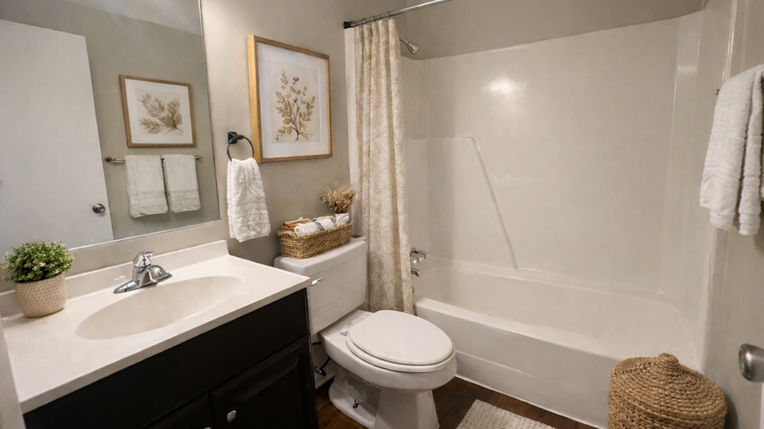 Elegant bathroom with modern fixtures, featuring a sleek vanity, stylish framed artwork, and cozy aesthetic touches.