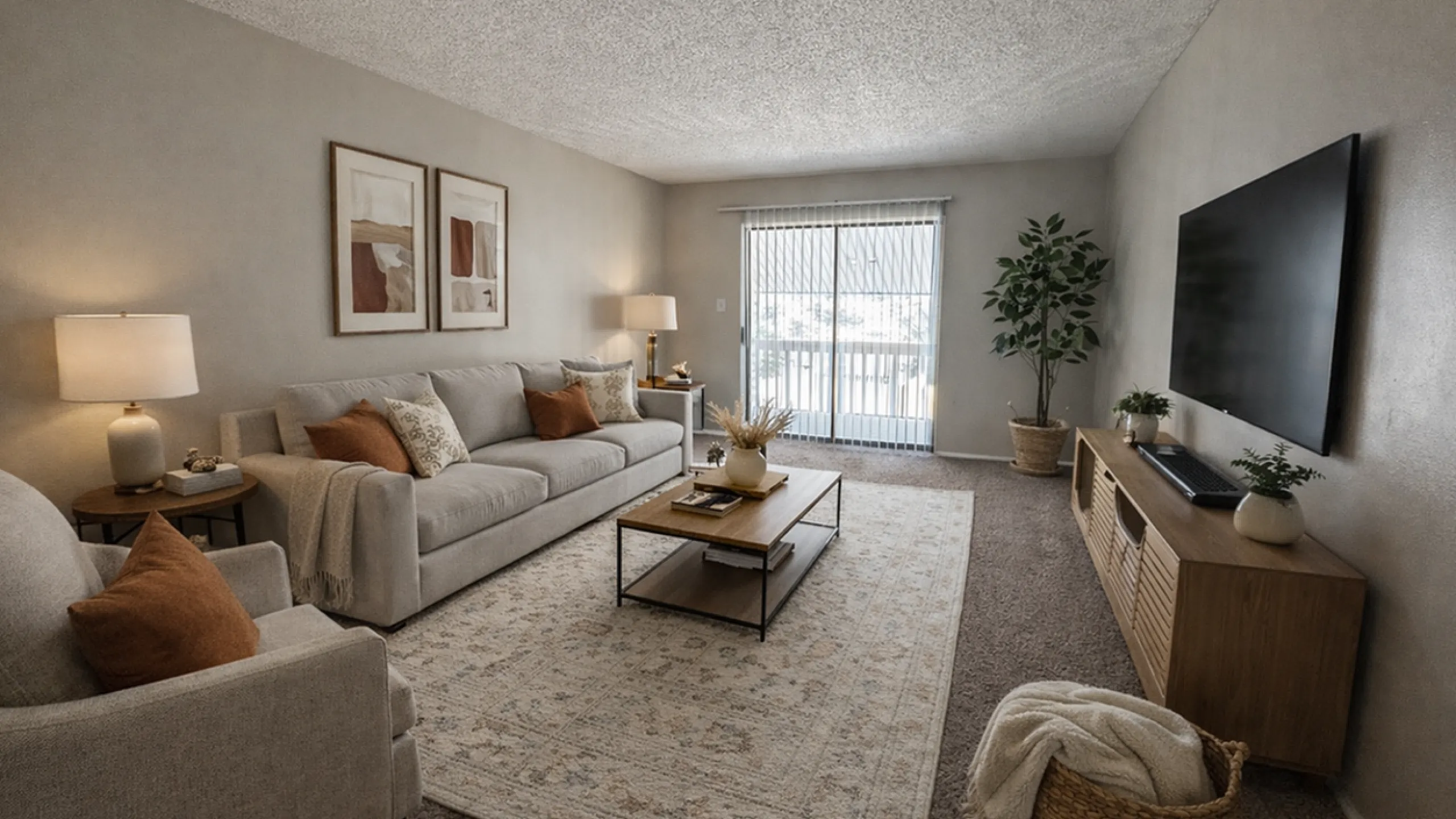 Inviting living room with elegant decor, featuring a cozy sofa, stylish coffee table, and a large wall-mounted TV, complemented by soft lighting and tasteful artwork.