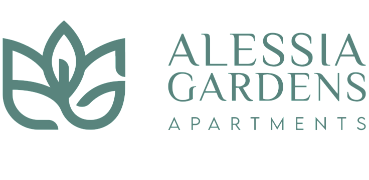 Elegant Alessia Gardens Apartments logo featuring a stylized leaf design in teal, embodying luxury and nature.