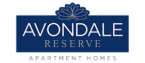 Elegant Avondale Reserve Apartment Homes logo in bold blue, featuring a sophisticated floral emblem.