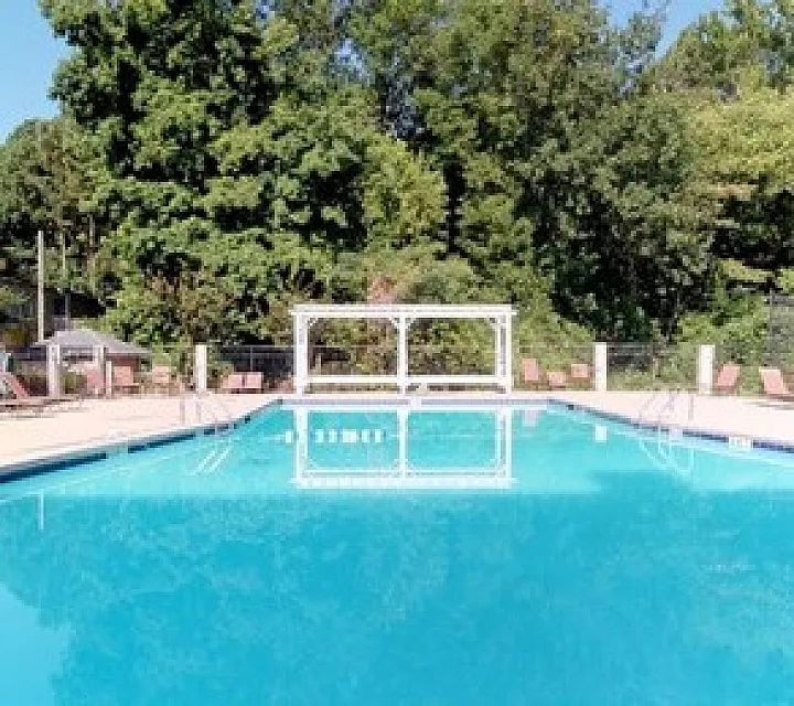 Inviting swimming pool surrounded by lush greenery and comfortable lounge chairs, perfect for relaxation and leisure.
