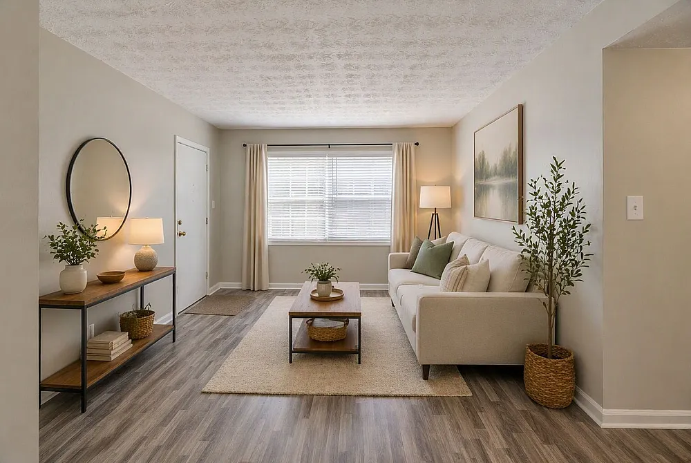 Inviting living room with a cozy beige sofa, elegant decor, and natural light filtering through large windows.