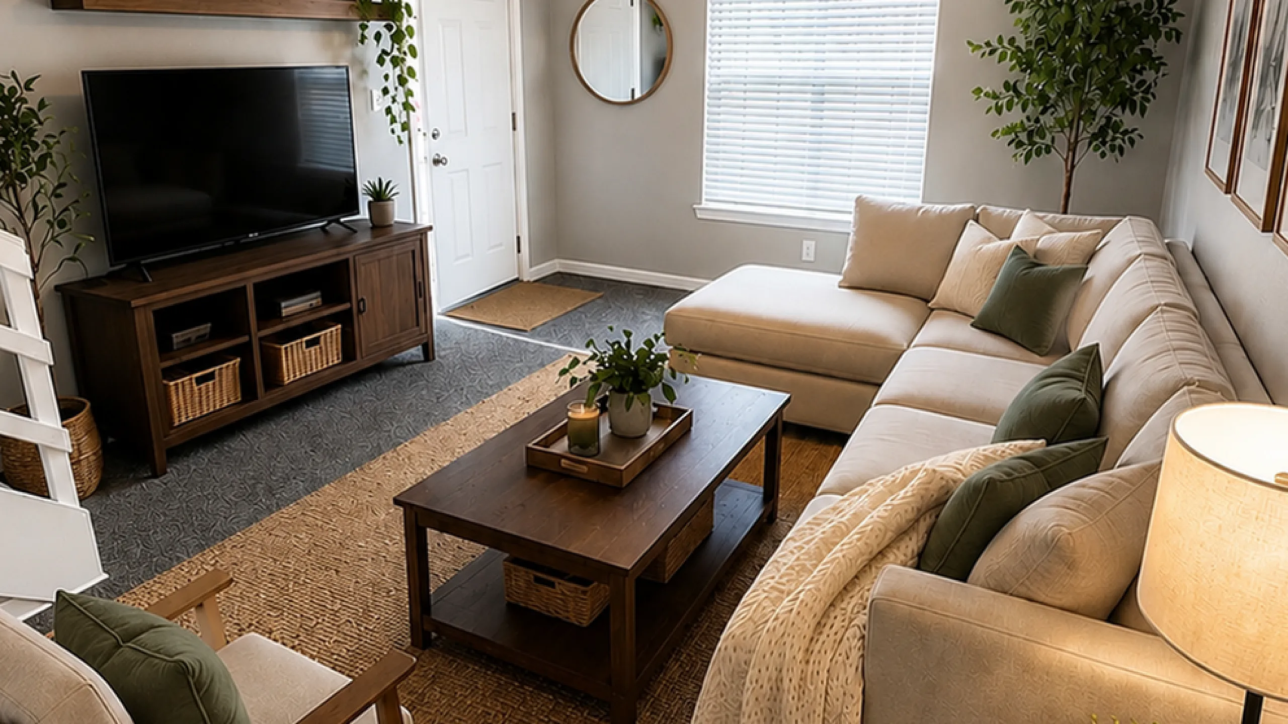 Charming living room with a cozy L-shaped sofa, warm decor, and abundant natural light, perfect for relaxation.
