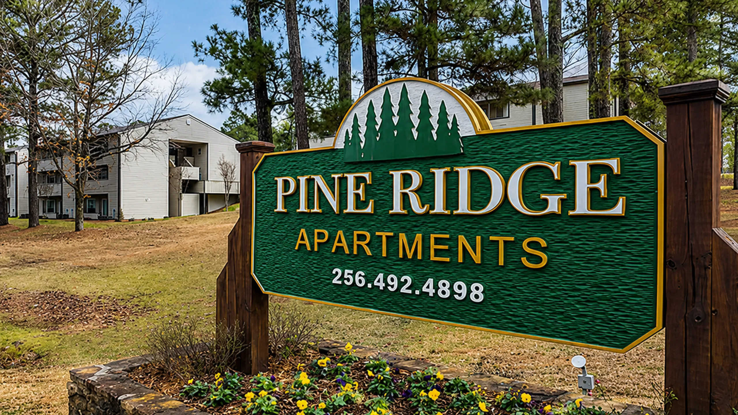 Charming Pine Ridge Apartments nestled among tall trees, featuring a welcoming entrance sign and surrounded by lush greenery.
