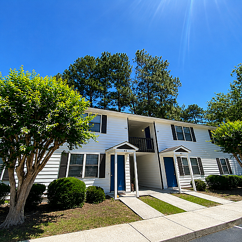 Charming duplex with blue accents nestled in a serene, tree-lined neighborhood, boasting modern design and inviting entrances.