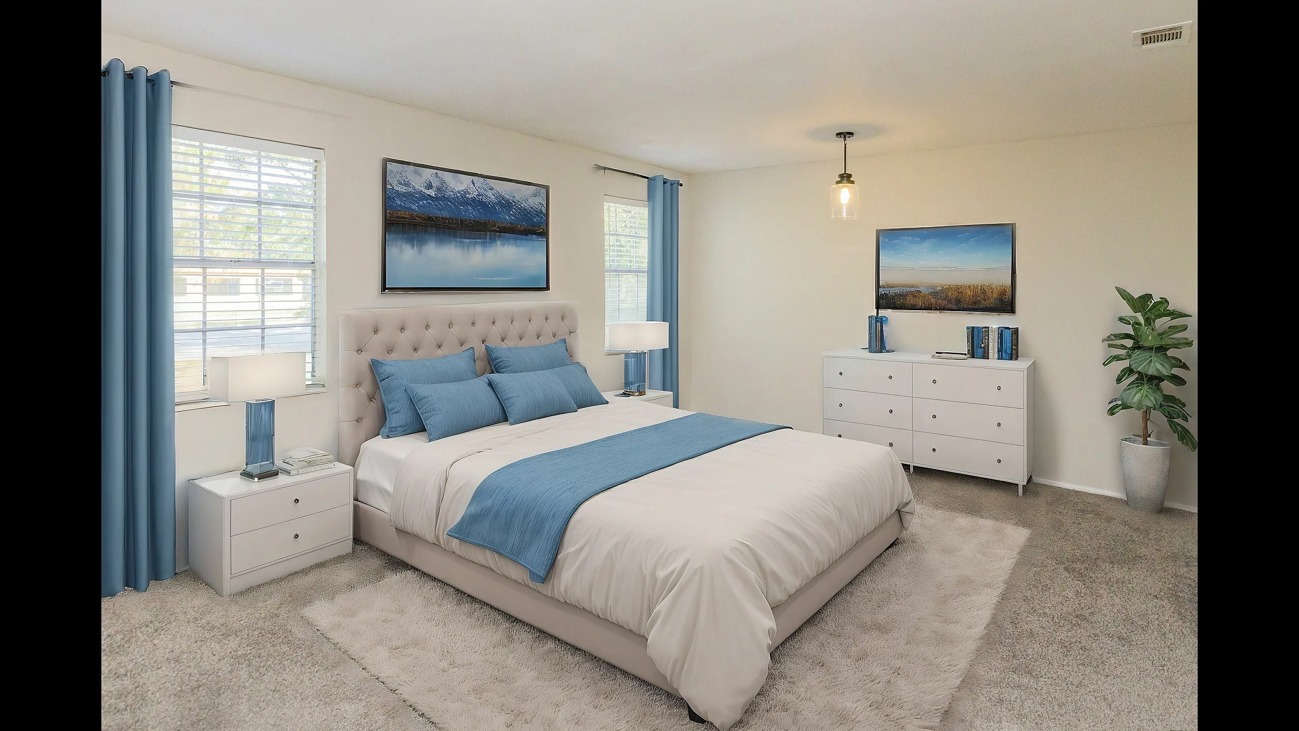 Inviting bedroom with a plush bed, blue accents, chic dresser, and bright natural light, offering comfort and style.