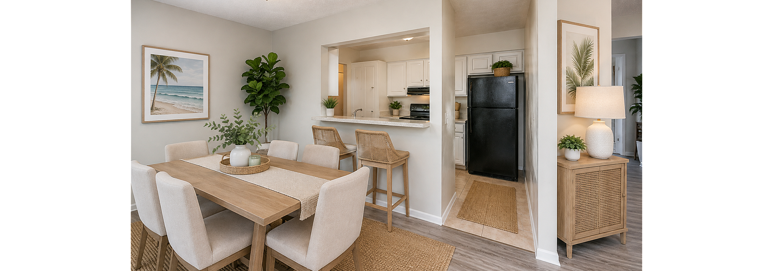Charming dining area with elegant decor and adjacent modern kitchen featuring sleek black appliances and cozy bar seating.