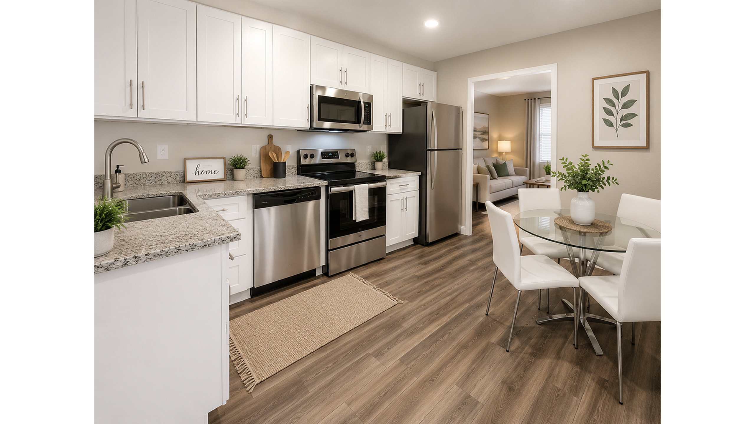 Modern kitchen with stainless steel appliances, granite countertops, and an inviting dining area leading into a cozy living room.