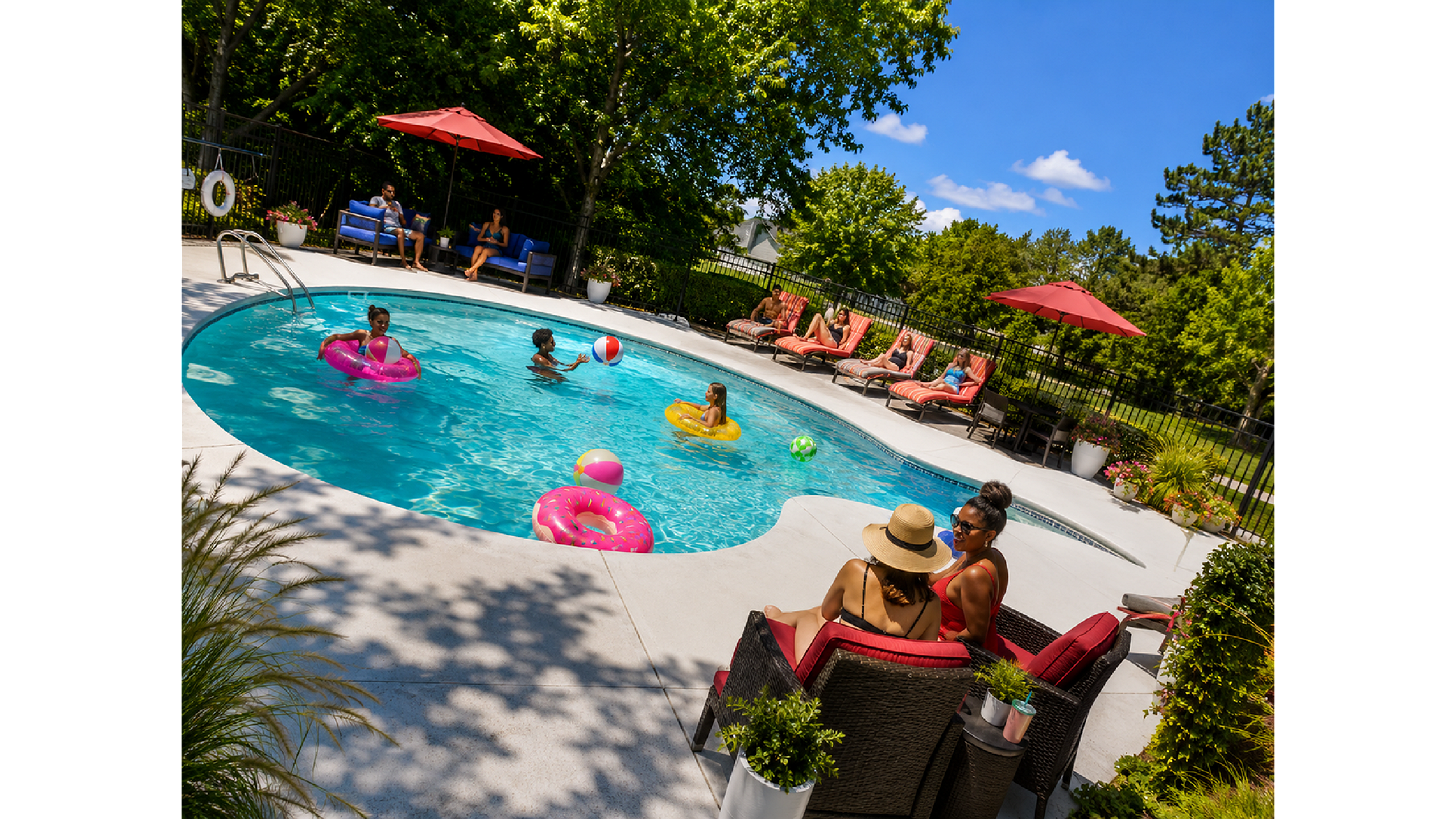 Vibrant outdoor pool area with people relaxing on lounge chairs and enjoying the crystal-clear water under sunny blue skies, surrounded by lush greenery.