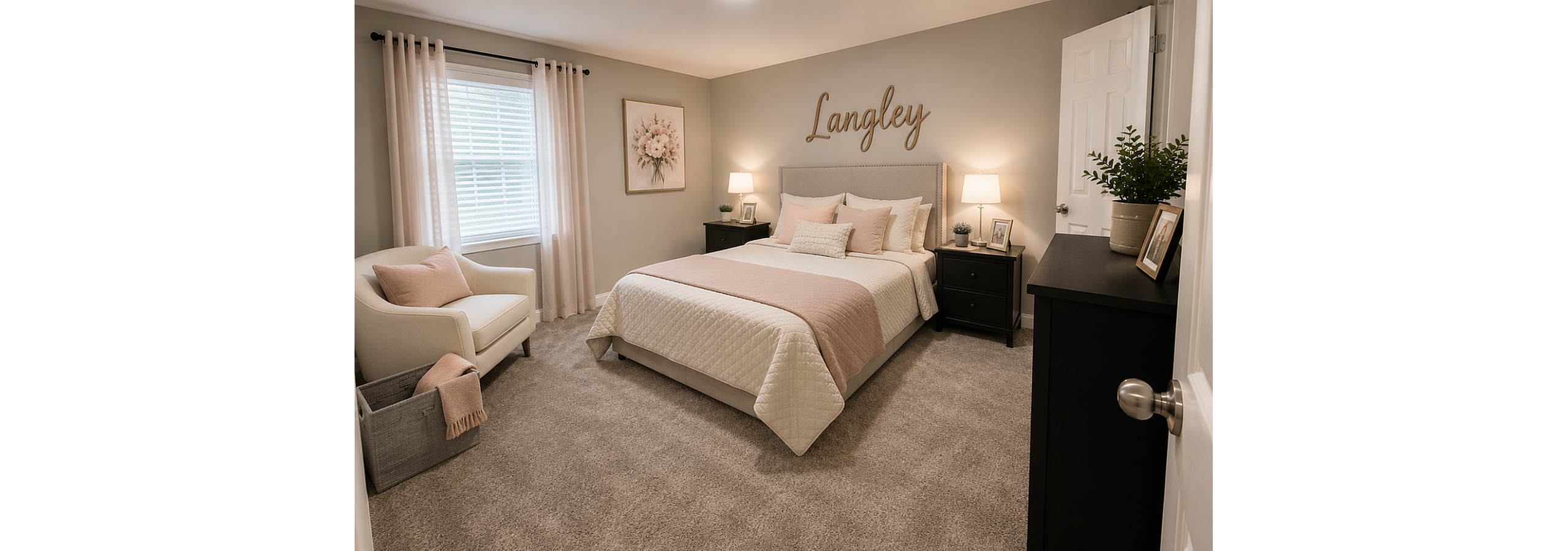 Elegant bedroom featuring a plush bed with soft pink accents, cozy armchair, and stylish decor in a serene and inviting setting.