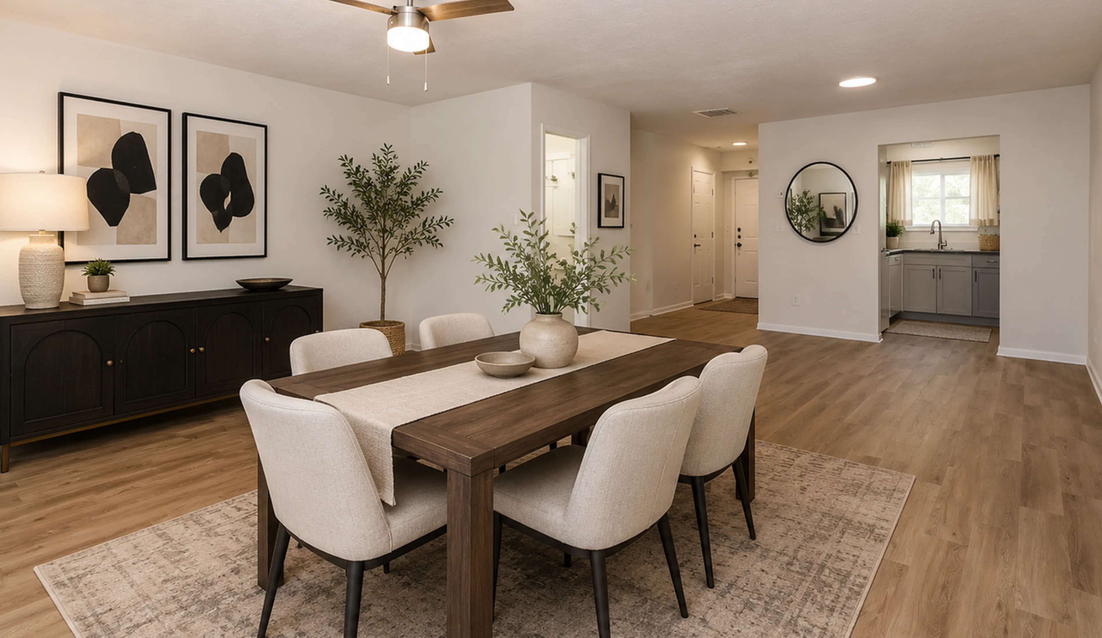 Elegant dining area with a modern wooden table, surrounded by plush chairs, complemented by stylish decor and natural light.