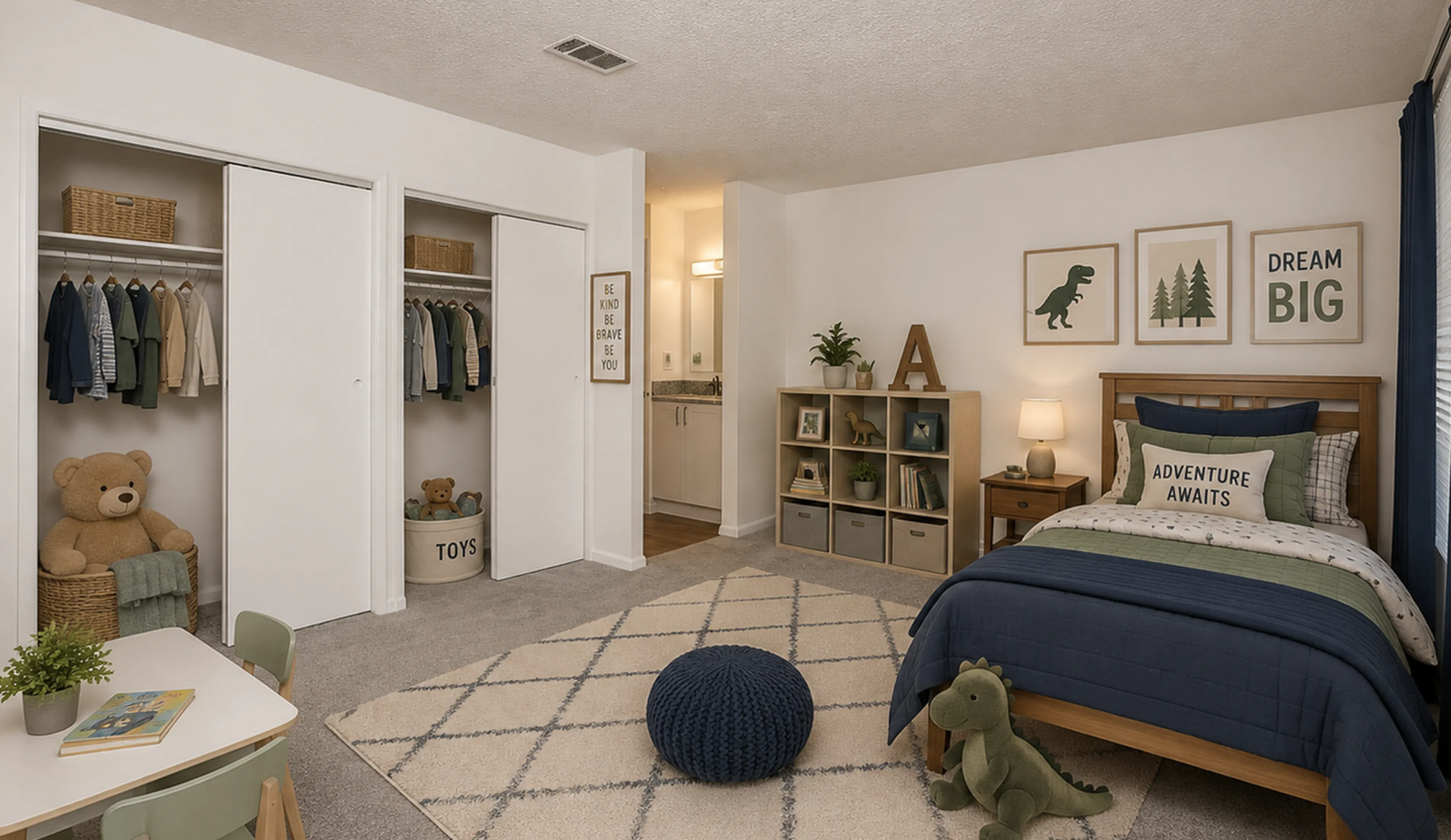 Charming children's bedroom with cozy bed, organized closets, and playful decor, ideal for a welcoming family home.