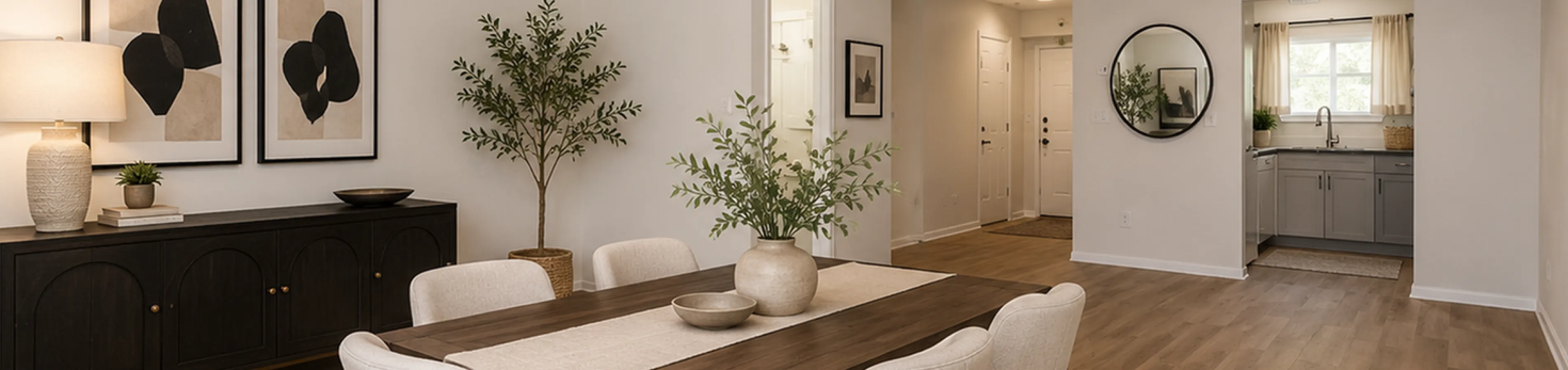 Modern open-concept dining area with elegant decor, featuring a stylish wooden table, plush chairs, and tasteful artwork, blending seamlessly into a cozy living space and kitchen.