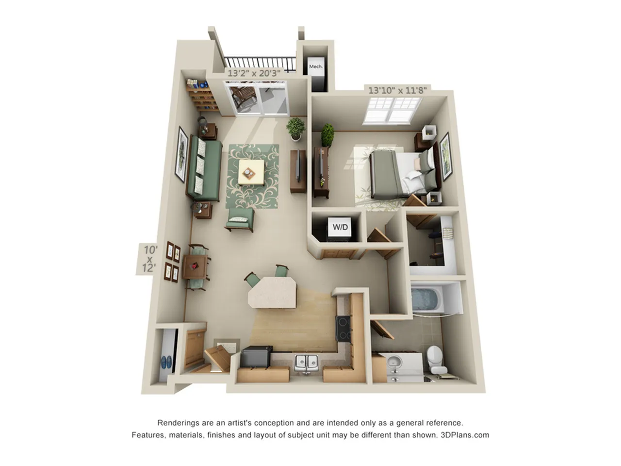 Elegant open-concept floor plan featuring a spacious living room, modern kitchen, and cozy bedroom with ample natural light.