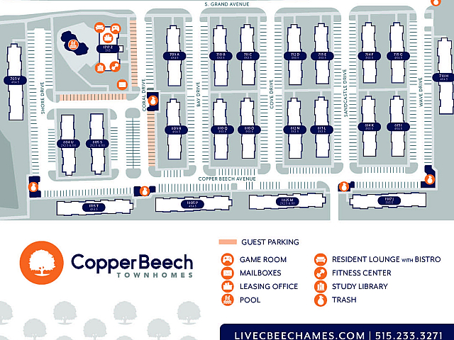 Vibrant map of Copper Beech Townhomes showcasing guest parking, game room, mailboxes, fitness center, resident lounge, and study library for a dynamic lifestyle. Conveniently located with easy access to amenities and spacious layouts.
