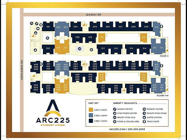 Modern ARC225 floor plan showcasing a vibrant student living space with 2, 3, and 4-bedroom options, featuring resort-style amenities and easy access to study lounges and fitness centers.