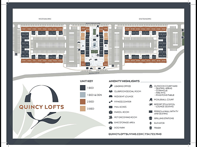 Quincy Lofts layout showcasing a vibrant community with diverse unit options: 1 bed, 1 bed & den, 2 bed, and 3 bed. Includes amenity highlights like an outdoor courtyard with seating, fitness center, resident lounge, and a resort-style pool. Ideal living with pet grooming room, bike storage, and dog park.