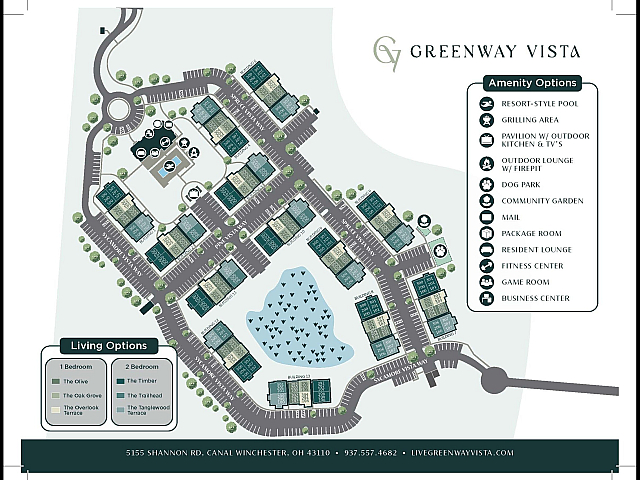 Greenway Vista site map featuring spacious apartment layouts, resort-style pool, and amenities like a fitness center, dog park, and outdoor lounge. Beautifully landscaped community in Canal Winchester, OH.