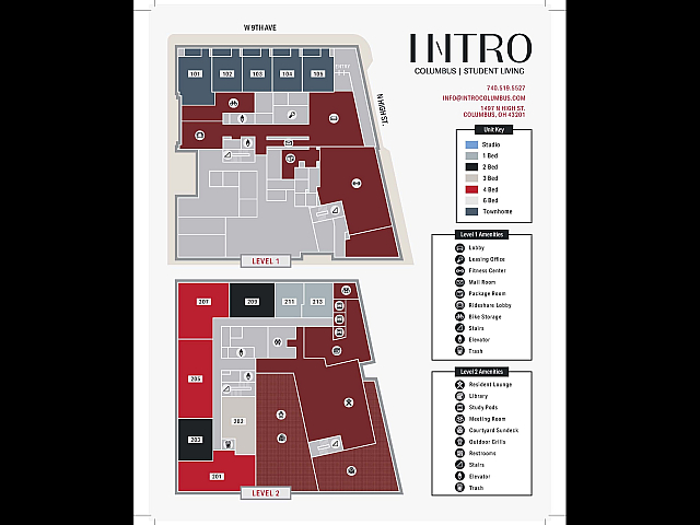 Modern floor plan for student living at Intro Columbus, featuring a mix of studios and multi-bedroom units with amenities like a fitness center, mail room, and resident lounge on Levels 1 and 2.