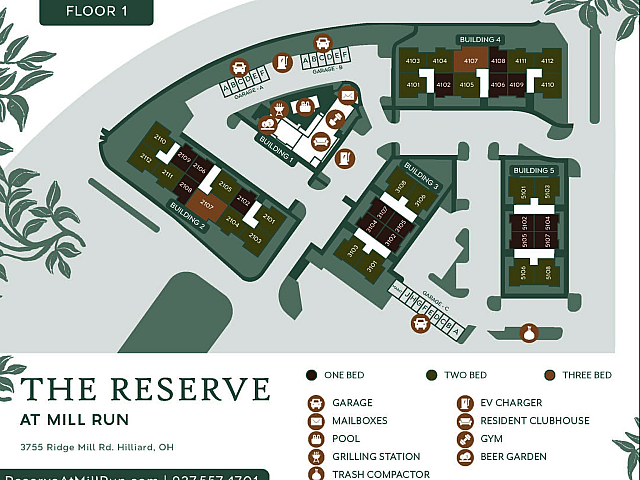 Elegant floor plan for The Reserve at Mill Run, showcasing one, two, and three-bedroom units, with amenities like a pool, gym, and beer garden, located at 3755 Ridge Mill Rd, Hilliard, OH.