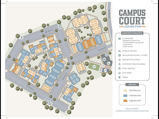 Campus Court Lexington site plan showcasing vibrant community layout with modern apartments and amenities including a clubhouse, fitness center, indoor basketball court, resort-style pool, and outdoor grilling area, surrounded by lush greenery and convenient parking.