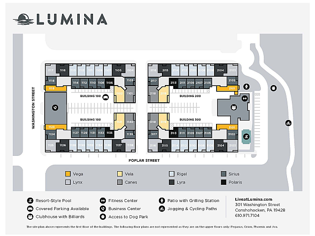 LUMINA site plan featuring buildings 100, 200, and 300 with highlighted amenities like resort-style pool, fitness center, and clubhouse. Convenient parking and pet-friendly access highlighted around Washington and Poplar Street.