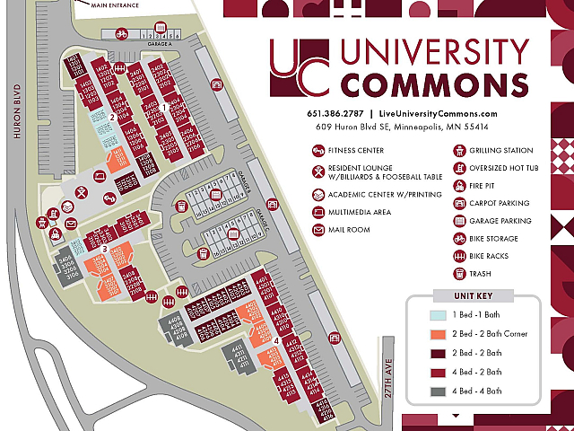 University Commons site map showcasing diverse apartment units, lush amenities like fitness center and grilling station, prime location near Huron Blvd and 27th Ave, Minneapolis.