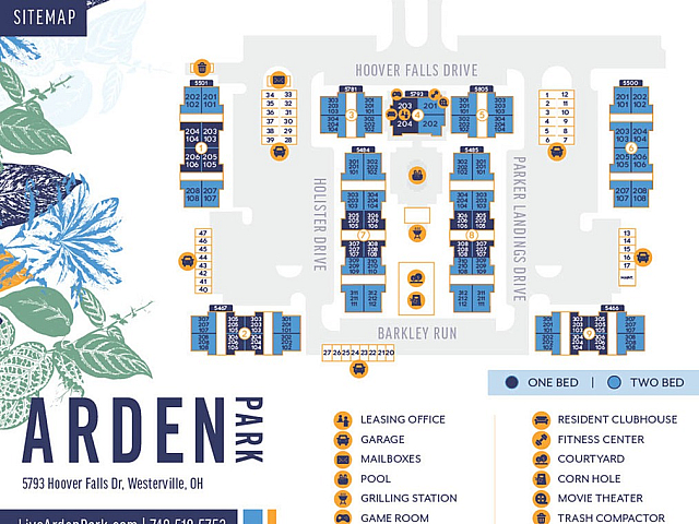 Vibrant sitemap of Arden Park showcasing modern apartments with one and two-bedroom options, complete with amenities like a fitness center, pool, and movie theater in Westerville, OH.