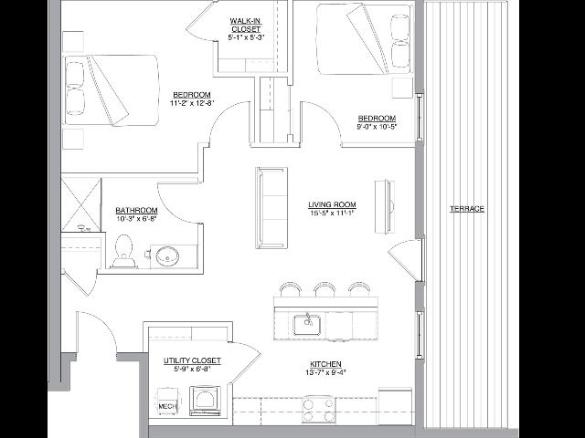 2 bedroom, 1 bath