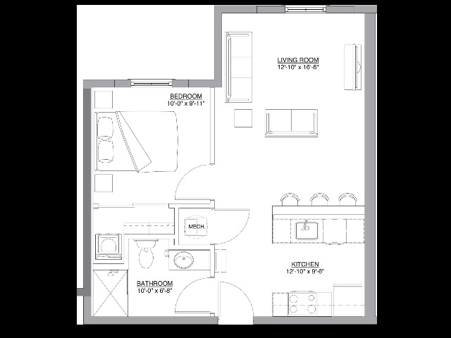 The Travis Floorplan, 1 bedroom, 1 bath