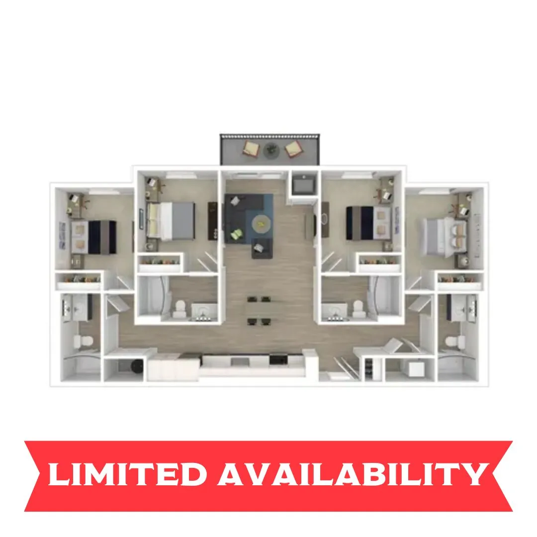 Elegant 3-bedroom floor plan with a central living area and modern kitchen.