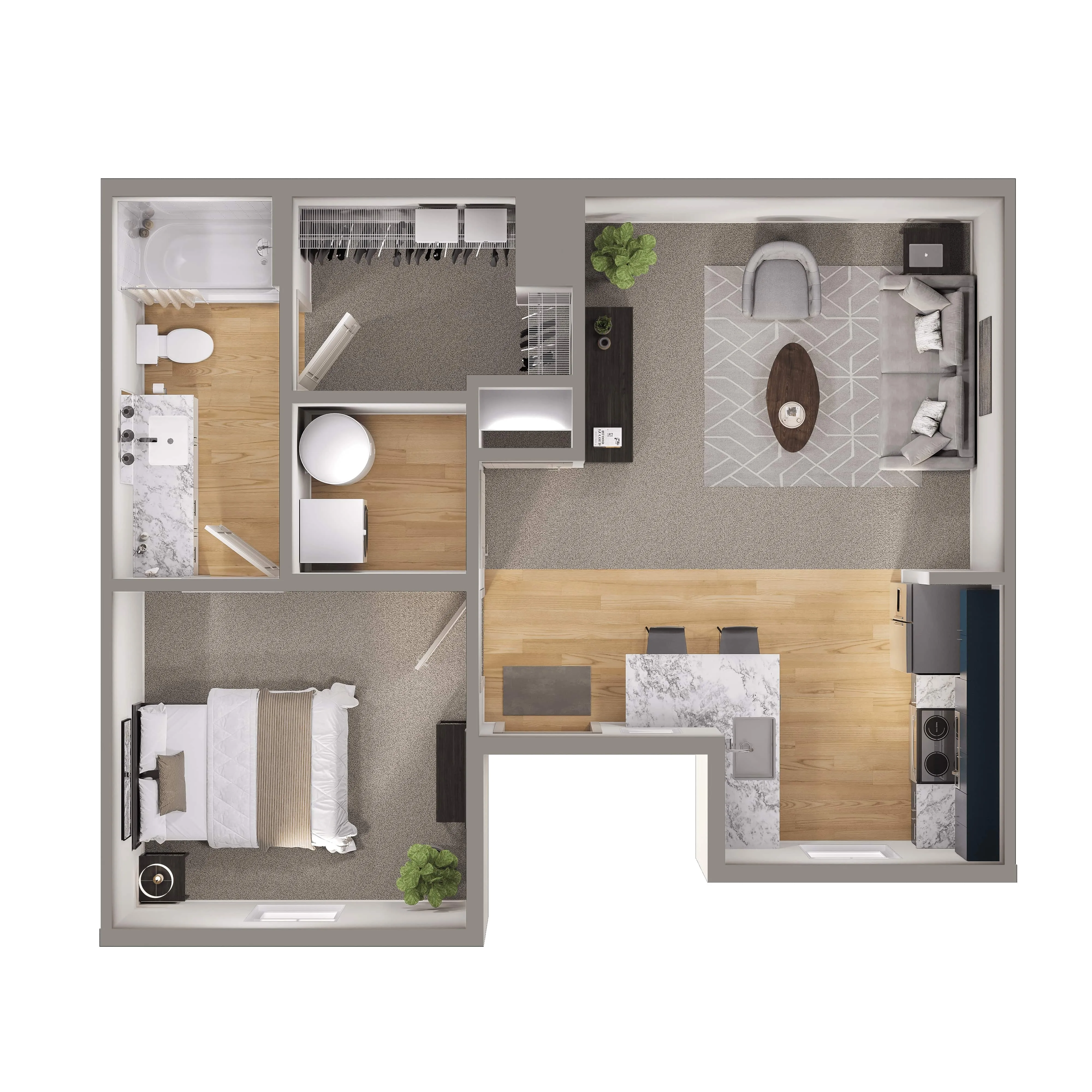 Detailed floor plan of a compact apartment featuring 1 bedroom, a modern kitchen, and a cozy living area.