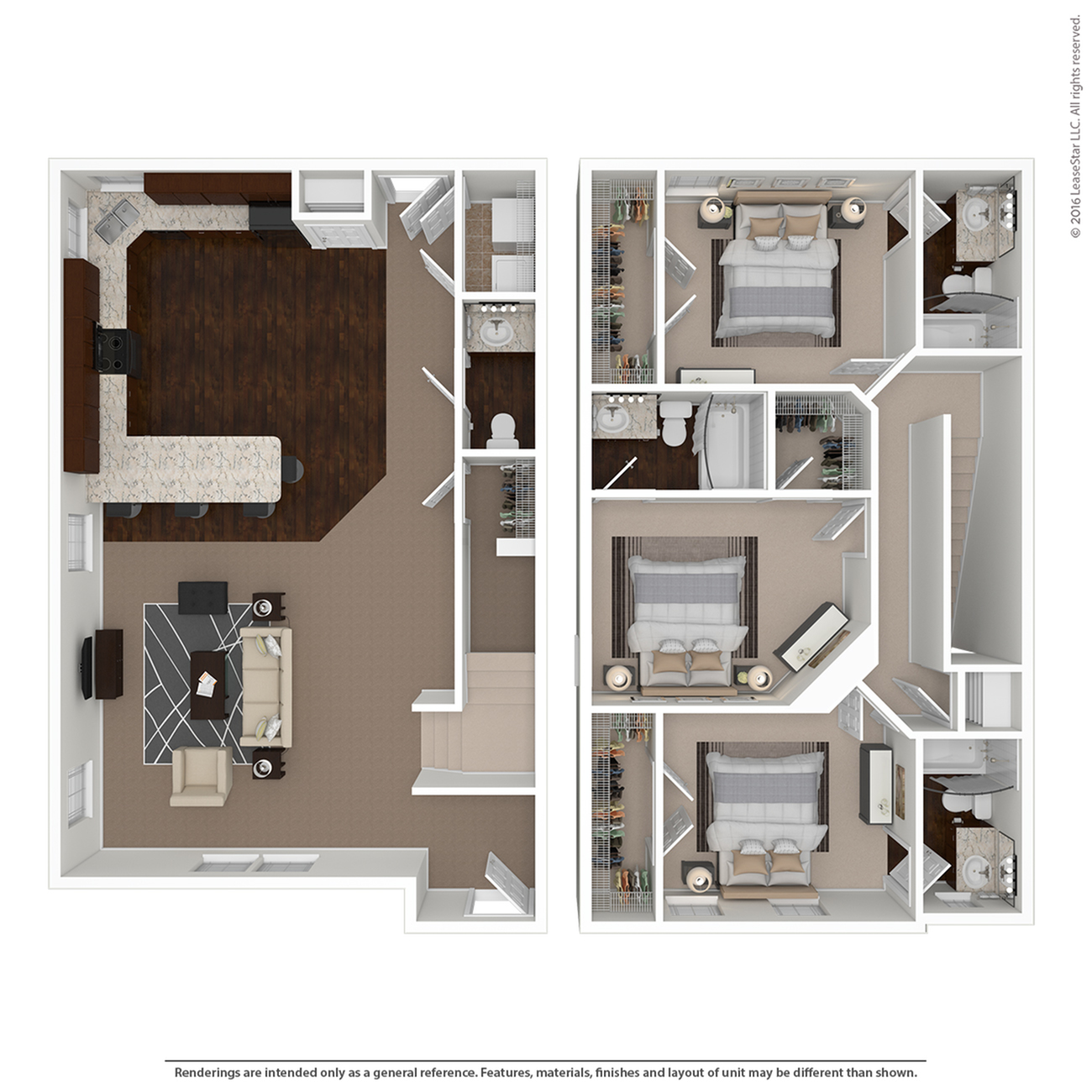 Chic floor plan displaying a spacious two-story layout with two bedrooms, modern kitchen, and cozy living area.