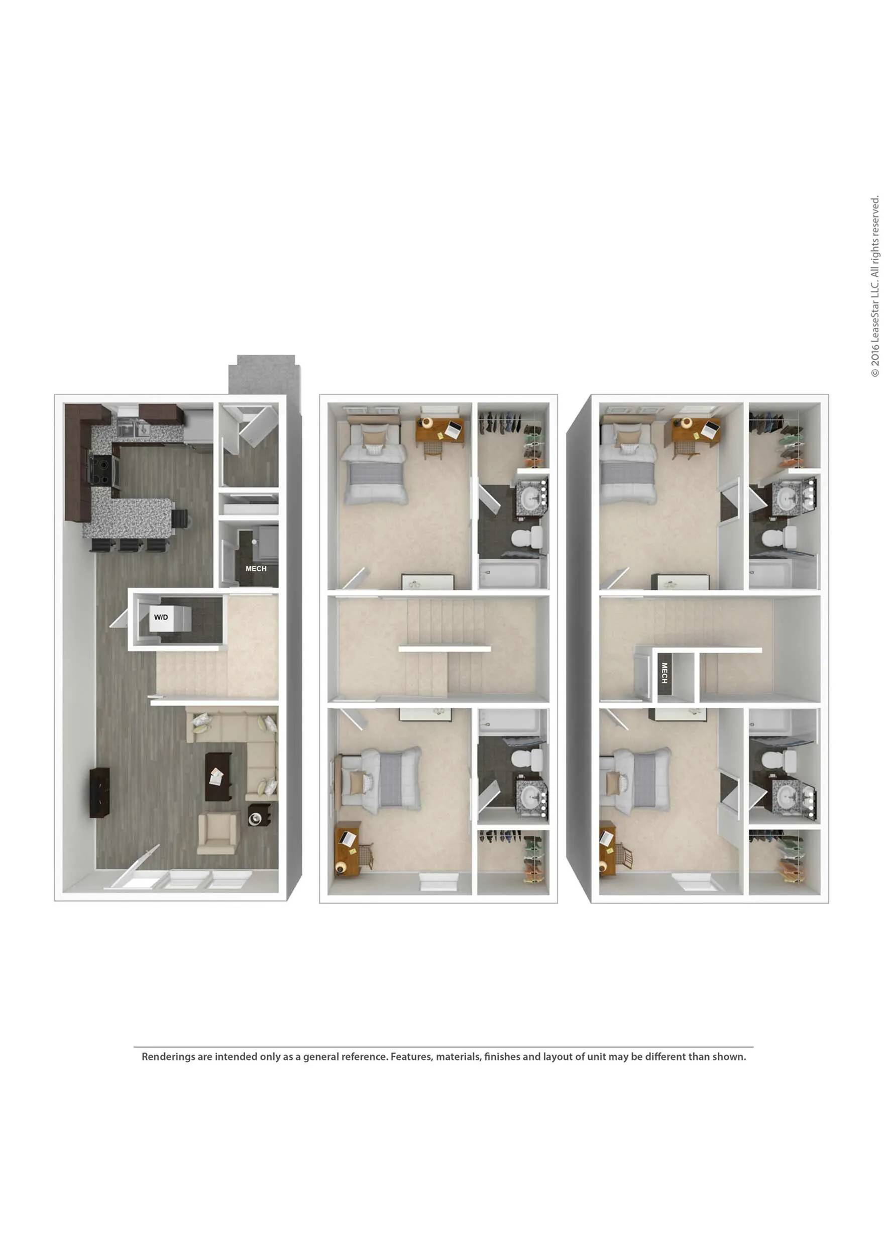 Modern 3D floor plan showcasing a three-bedroom townhouse with open-concept living and dining area, modern kitchen, two bathrooms, and in-unit laundry.