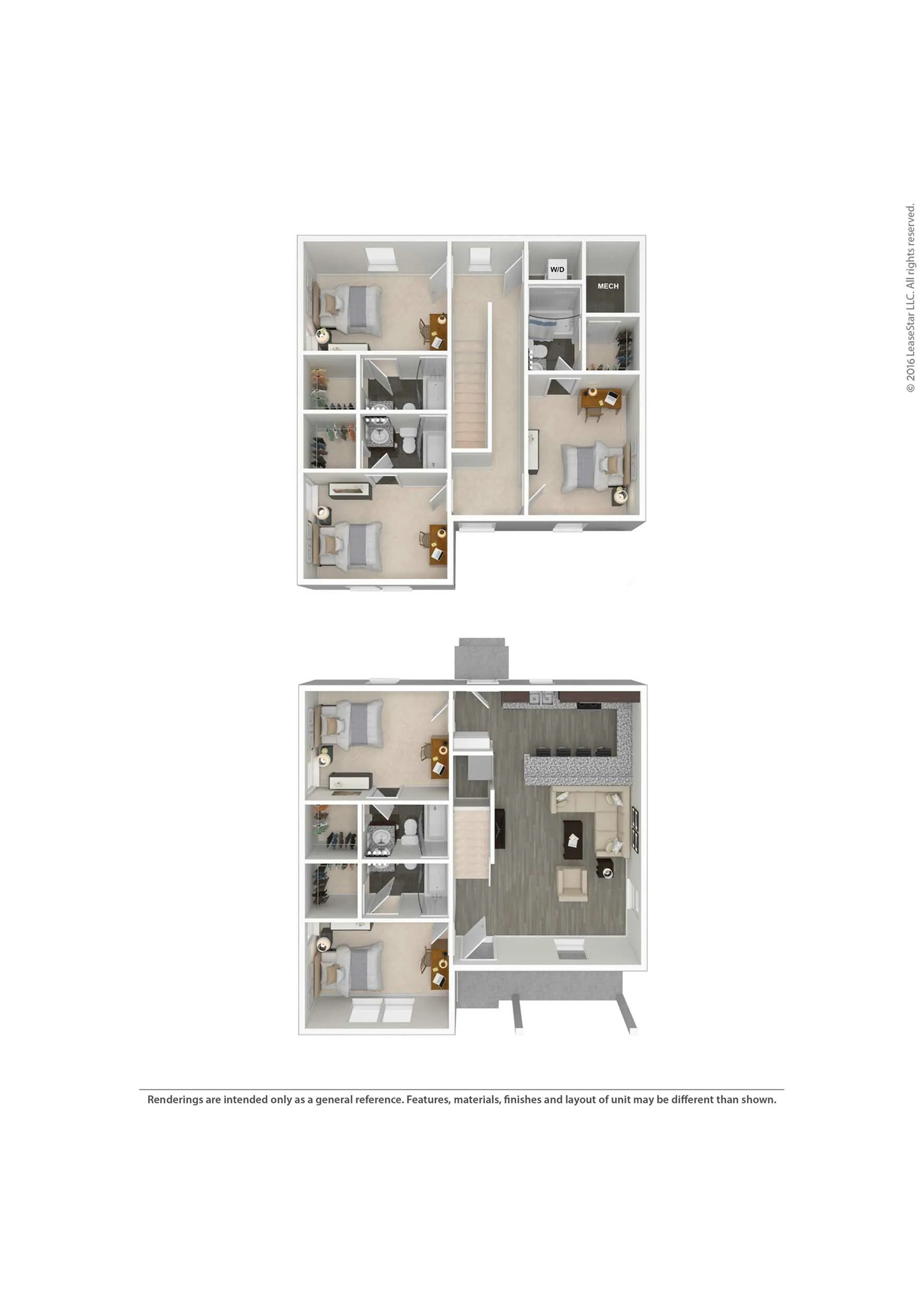 Modern 2D floor plan showcasing a spacious two-level apartment with three bedrooms, stylish open-concept living area, and sleek kitchen design.