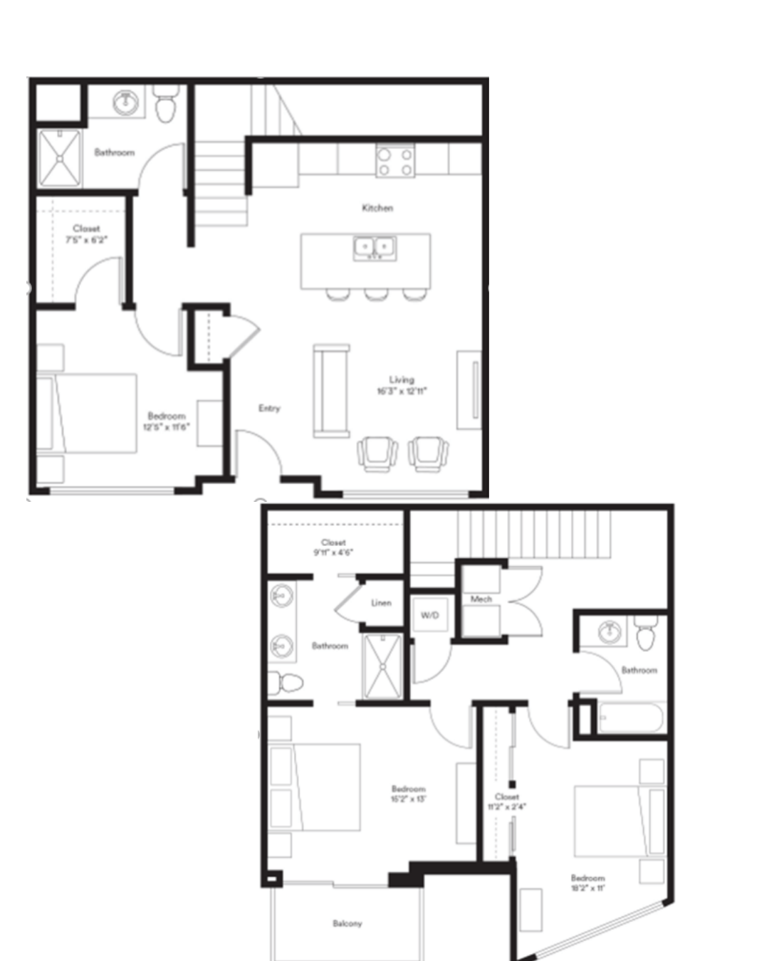 Modern two-story floor plan featuring 3 spacious bedrooms, an open kitchen with island seating, and a cozy living area. Includes bathrooms on each floor, a master bedroom balcony, and ample closet space.