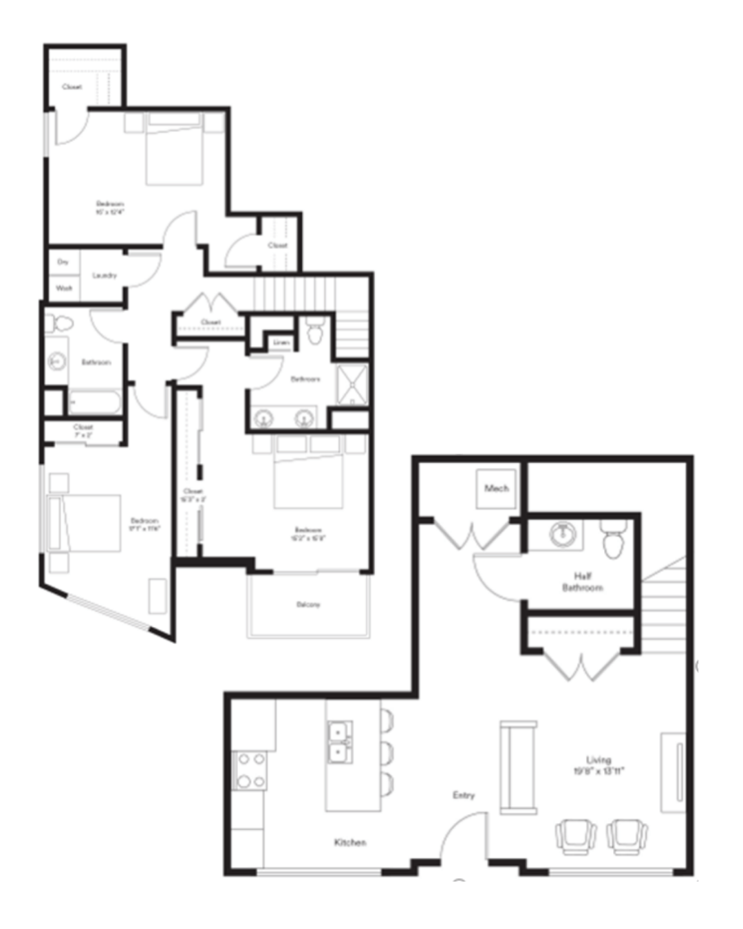 Elegant 2-level floor plan showcasing 3 bedrooms, a spacious living area, modern kitchen, and multiple bathrooms including a half bath. Includes a balcony, perfect for urban living.