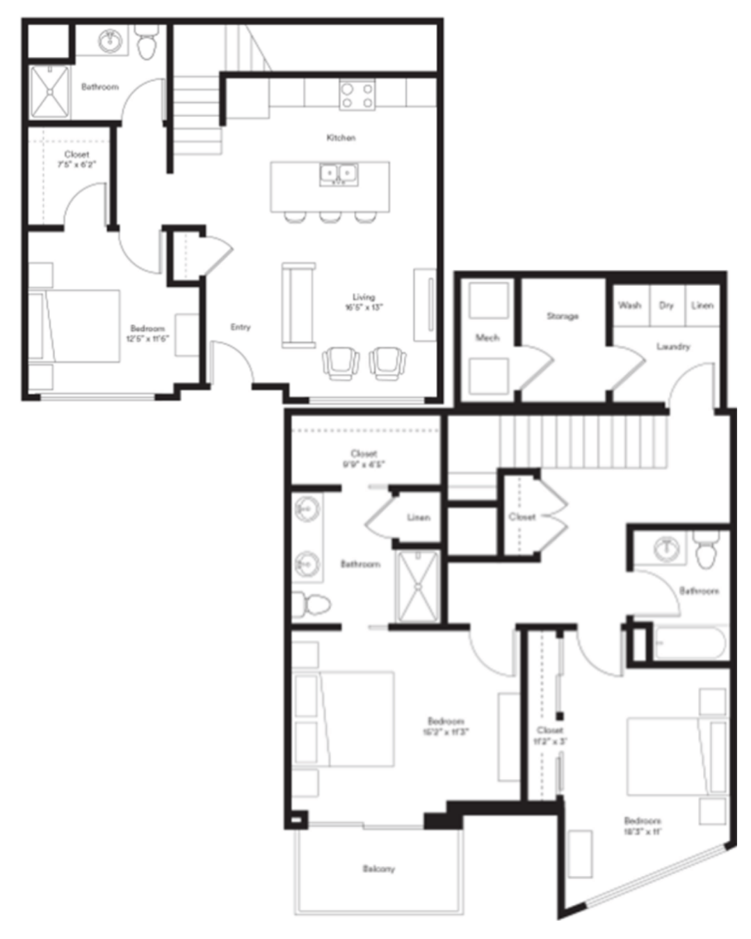 Modern two-story floor plan featuring three spacious bedrooms, open-concept kitchen, and living area with a balcony, perfect for comfortable living.