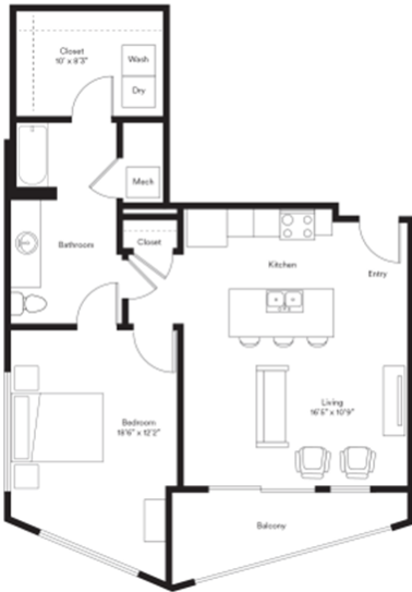 Contemporary floor plan with a spacious bedroom, open kitchen, cozy living area, and a private balcony.