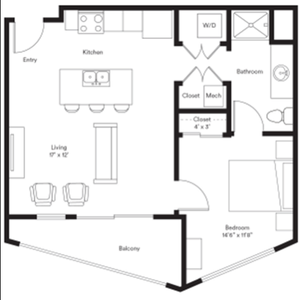 Chic floor plan showcasing a spacious one-bedroom apartment with an open kitchen, modern living area, and inviting balcony.