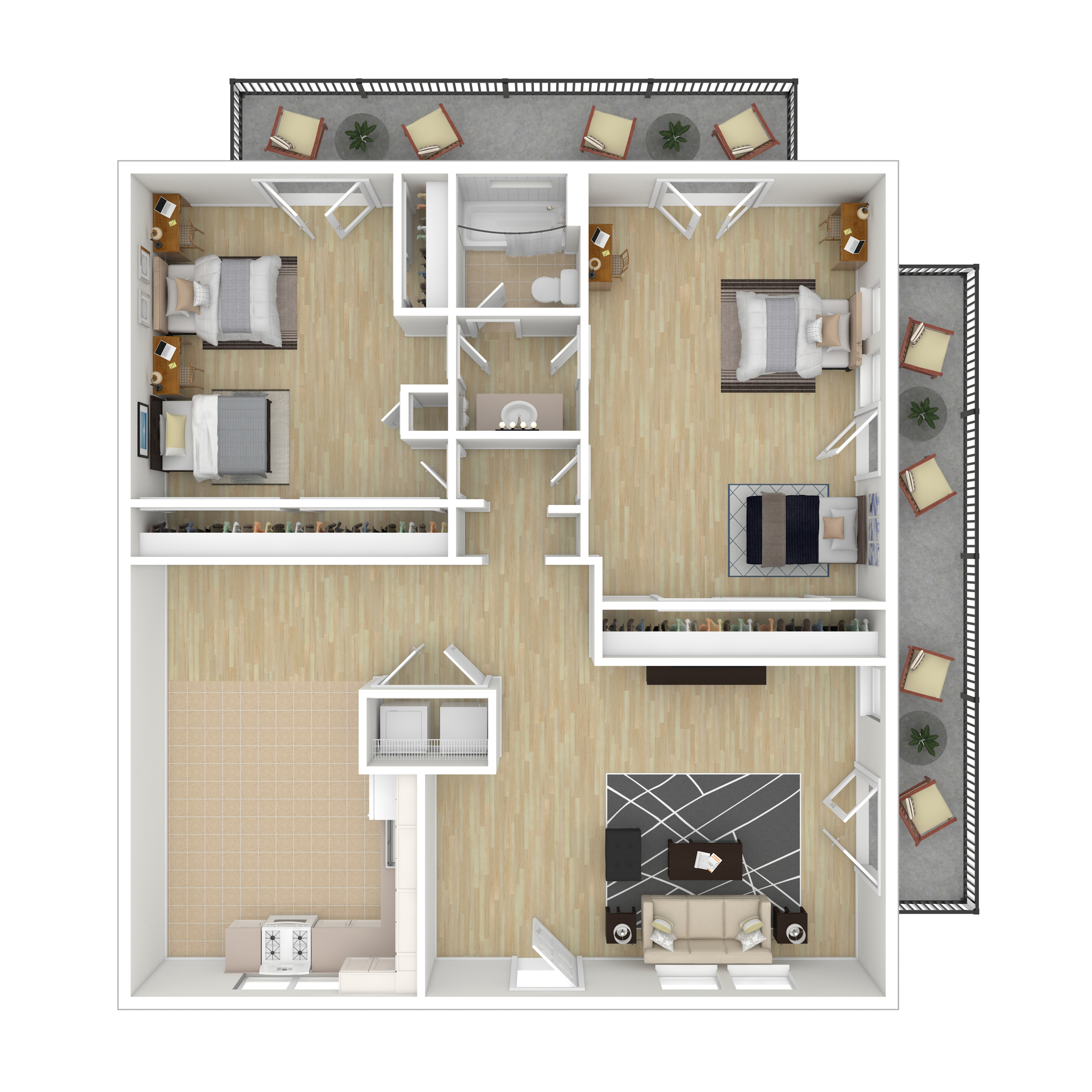 Modern 3-bedroom apartment floor plan featuring spacious living room, stylish kitchen, and expansive balcony for relaxation.