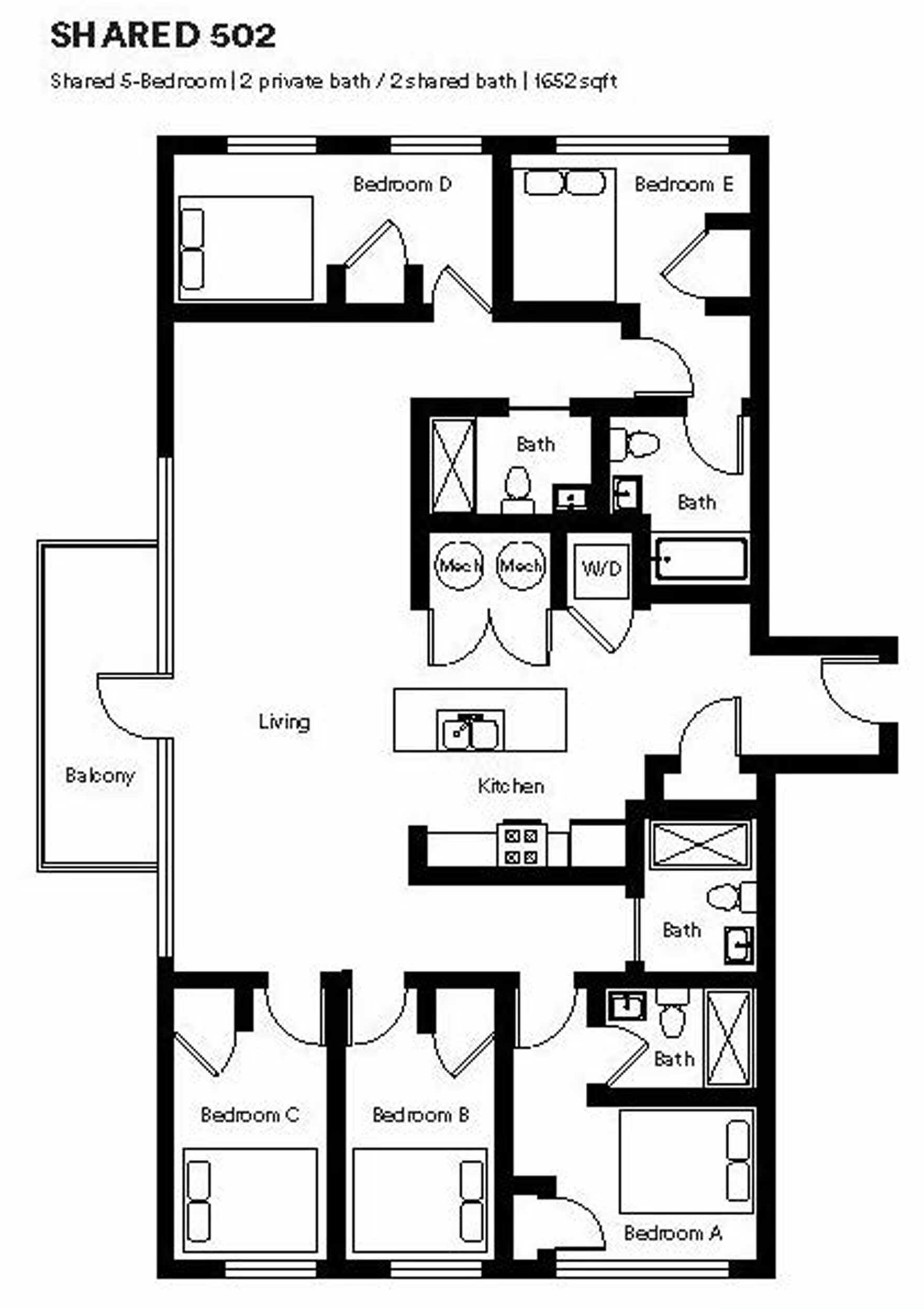 Spacious 5-bedroom layout with 2 private and 2 shared baths, featuring an open kitchen and living area with balcony access, covering 1652 sq ft.