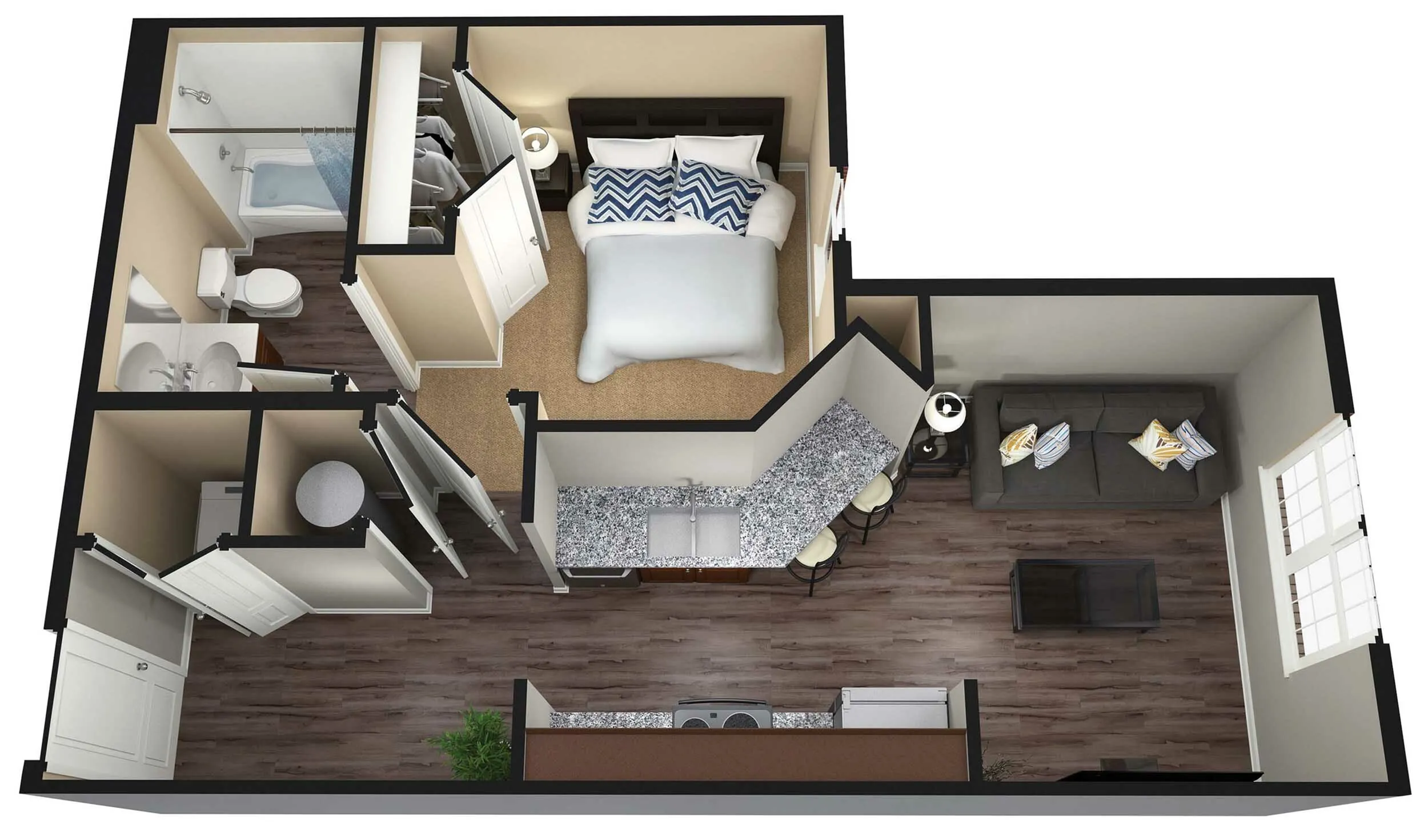 Modern 3D floor plan showcasing a cozy one-bedroom apartment with open kitchen, sleek bathroom, and inviting living area.