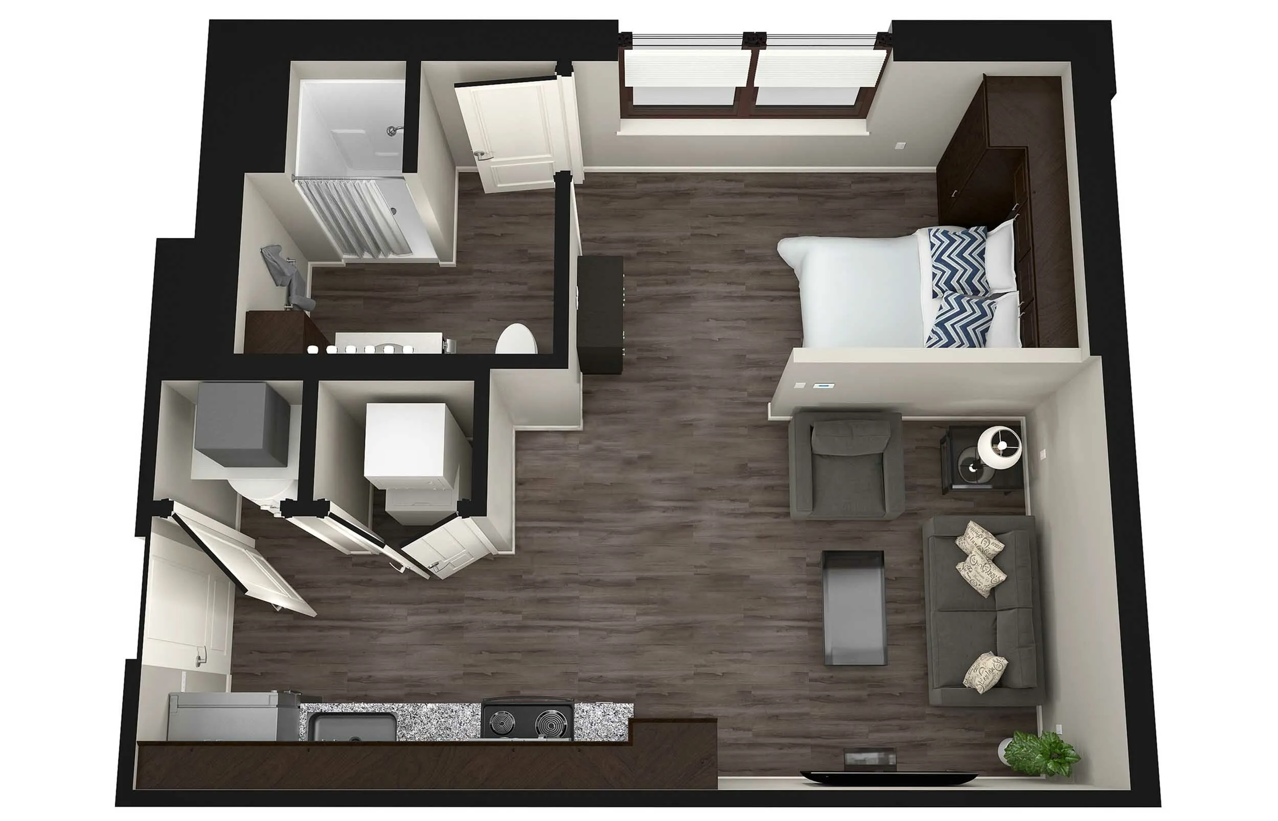 Modern 1-bedroom floor plan with stylish living area, compact kitchen, and elegant bathroom layout.