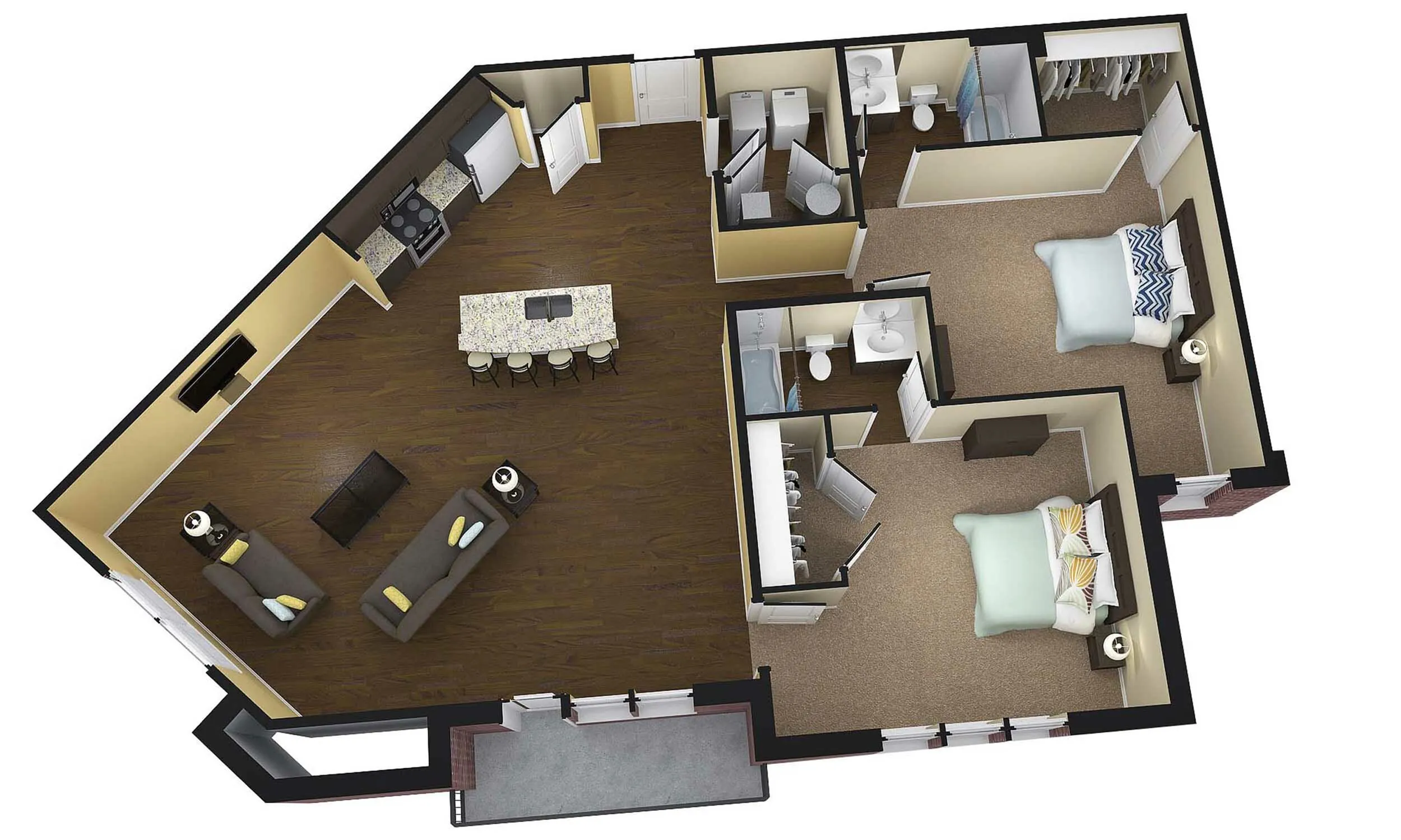 Chic 3D floor plan showcasing 2 cozy bedrooms, modern kitchen with island, elegant living area, and two well-appointed bathrooms.