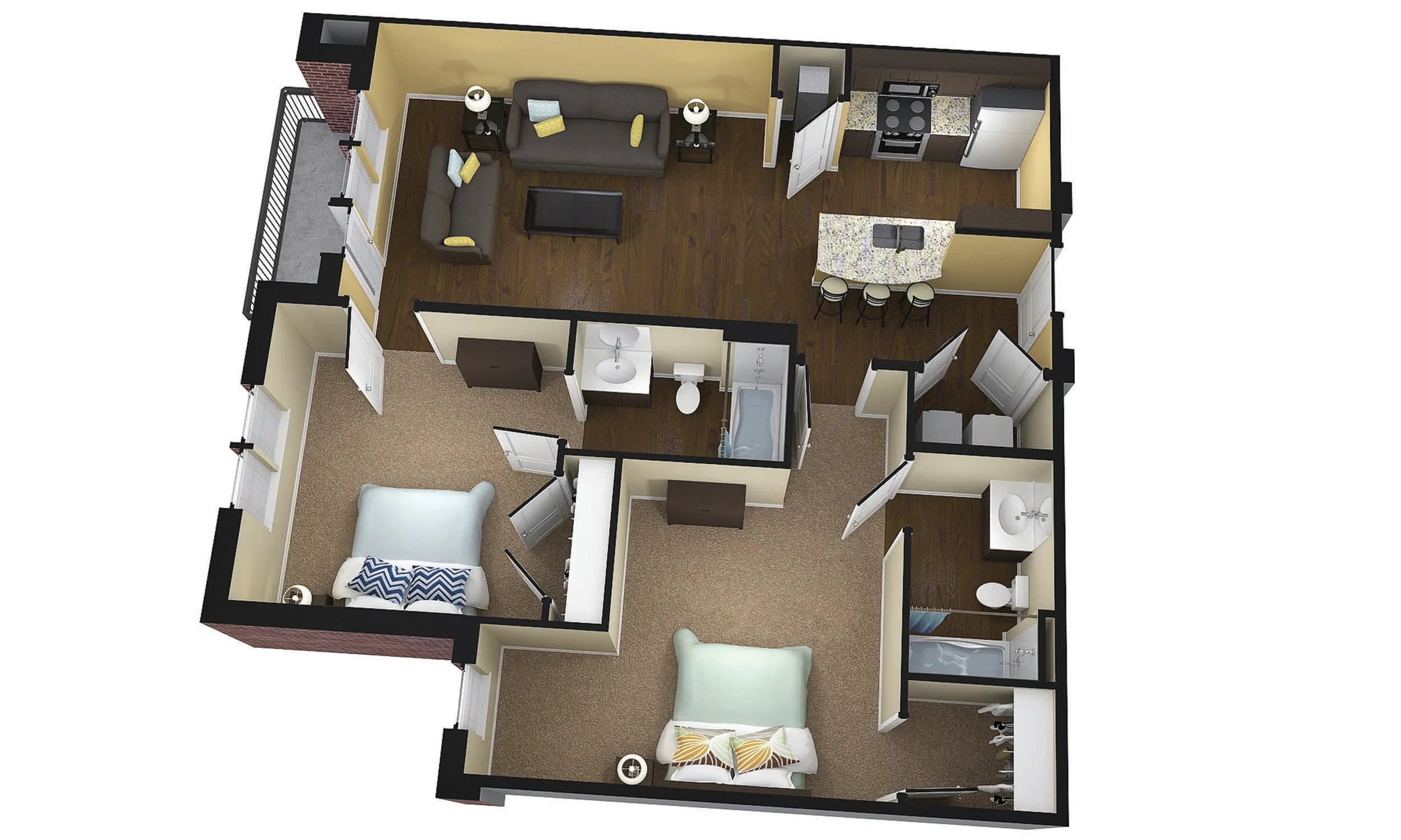 Modern 3D floor plan showcasing a cozy two-bedroom apartment with an open-concept living room, stylish kitchen, and inviting balcony.